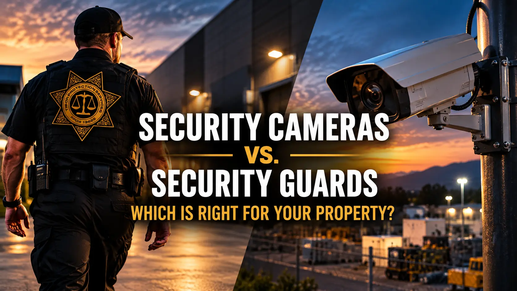 Security guard and CCTV camera side by side — Security Cameras vs. Security Guards comparison by Tibor Protection